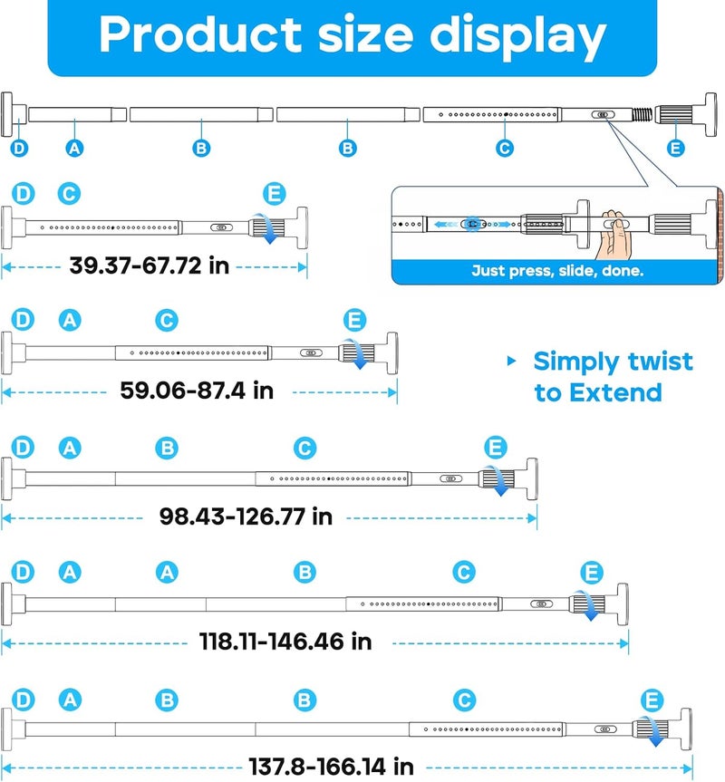 ZipGlo Tension Curtain Rod Black Shower Rod 40-166IN Extra Long Curtain Rods No Drilling Adjustable Tension Rods for Window Shower or Bathroom Outdoor Patio Diameter 1.26In - Image 4